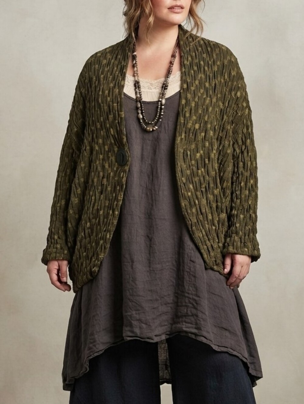 Grizas Linen Jacket Plus Sz 2XL Lagenlook Artsy Boho Woven Olive Army Green Drap